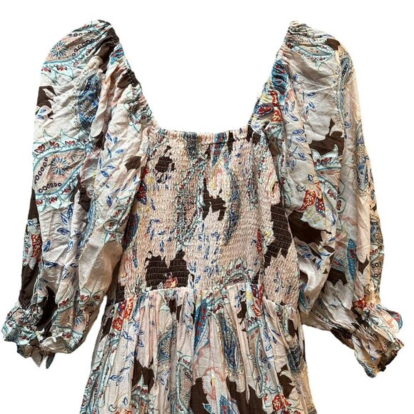 Fabrik Dress Bohemian Floral Maxi Smocked Bodice & Puff Sleeves Cottage L - Picture 3 of 11